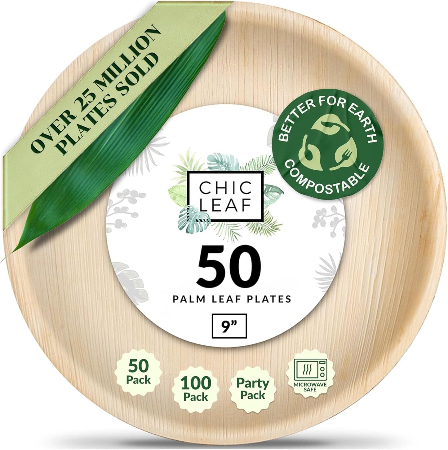 Chic Leaf Palm Leaf Disposable Bamboo Plates for 4Th of July Weddings, Parties & Events – Round, Biodegradable, Compostable, 48-Pack (10" & 6")