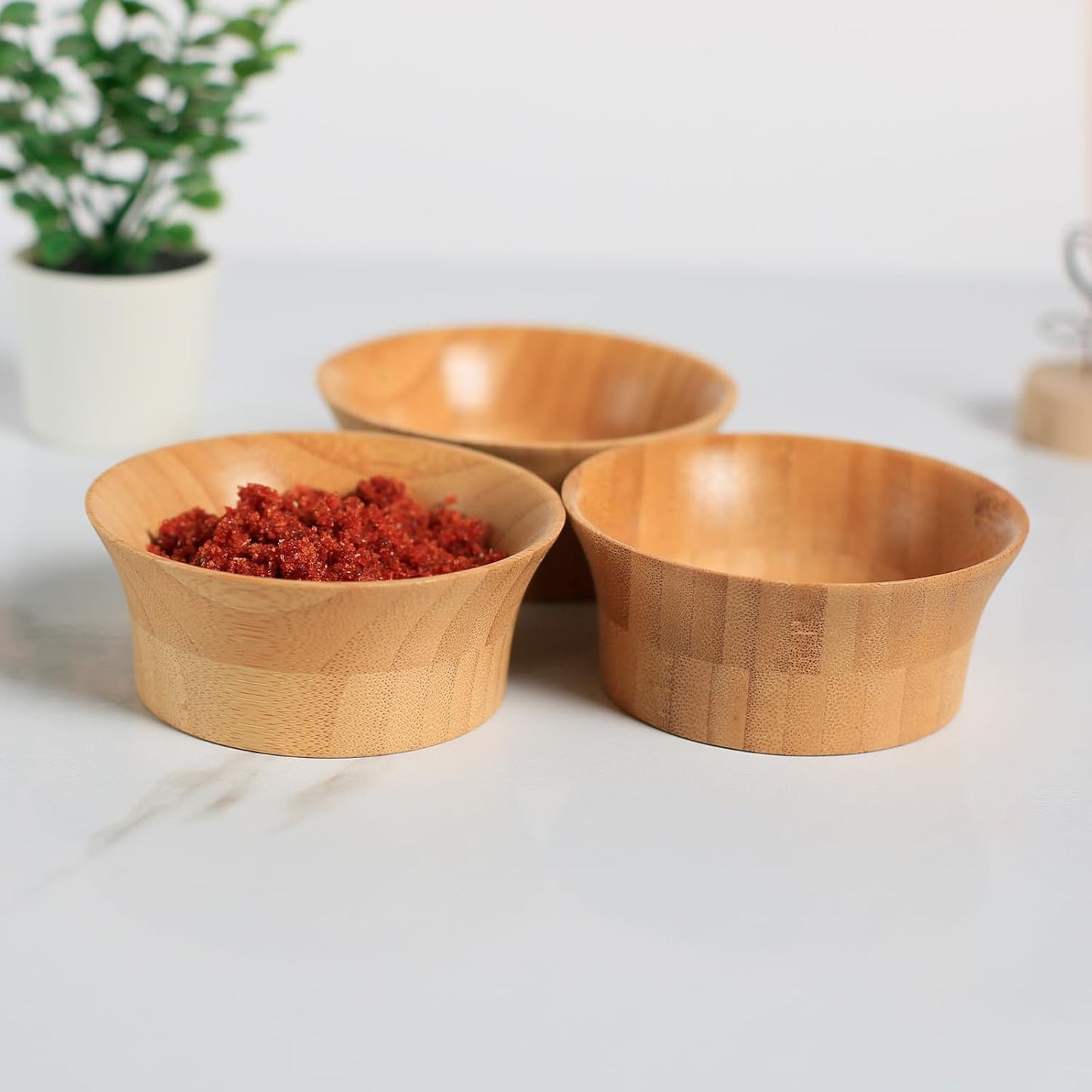 Small Bamboo Wooden Bowls, 3.4 OZ Salsa Bowls for Side Dishes/Dipping Sauce, Hand Carved Kitchen Prep Bowl for Salt/Condiments, Charcuterie Board Accessories 4 Pcs