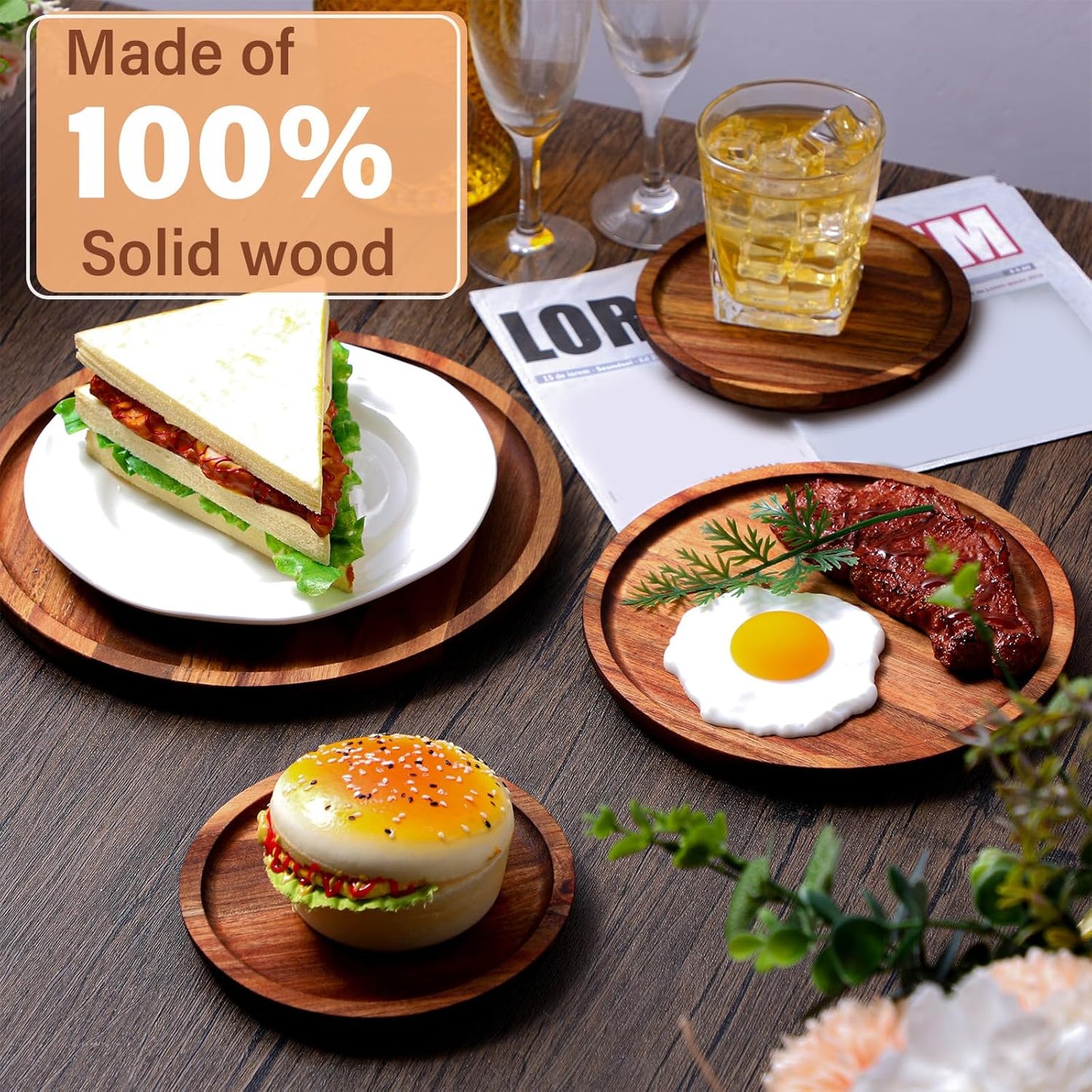Roshtia Set of 15 round Acacia Wood Dinner Plates Natural Wooden Charger Plates Lightweight Classic Food Trays for Dish Snack Salad Dessert, 6 8 10 Inch, 5 of Each Size, Housewarming Christmas Gifts