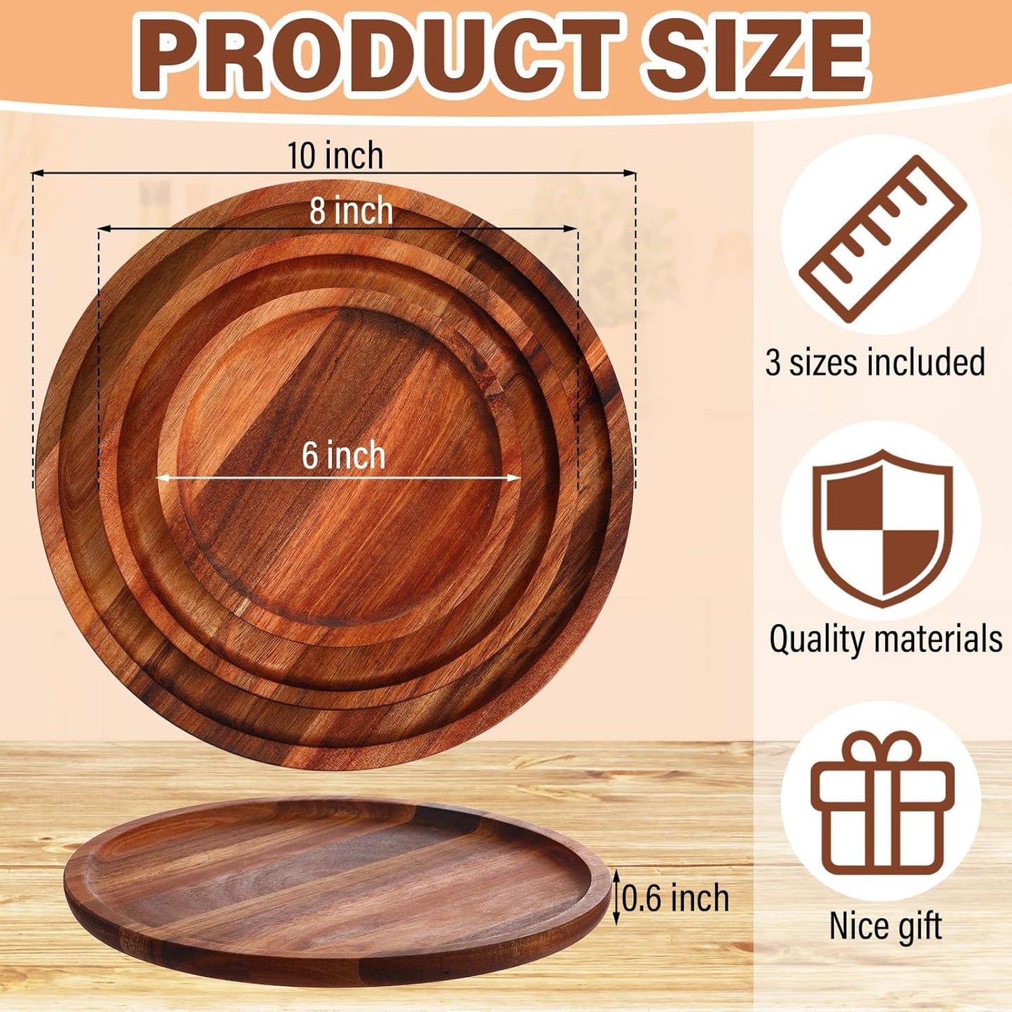 Roshtia Set of 15 round Acacia Wood Dinner Plates Natural Wooden Charger Plates Lightweight Classic Food Trays for Dish Snack Salad Dessert, 6 8 10 Inch, 5 of Each Size, Housewarming Christmas Gifts