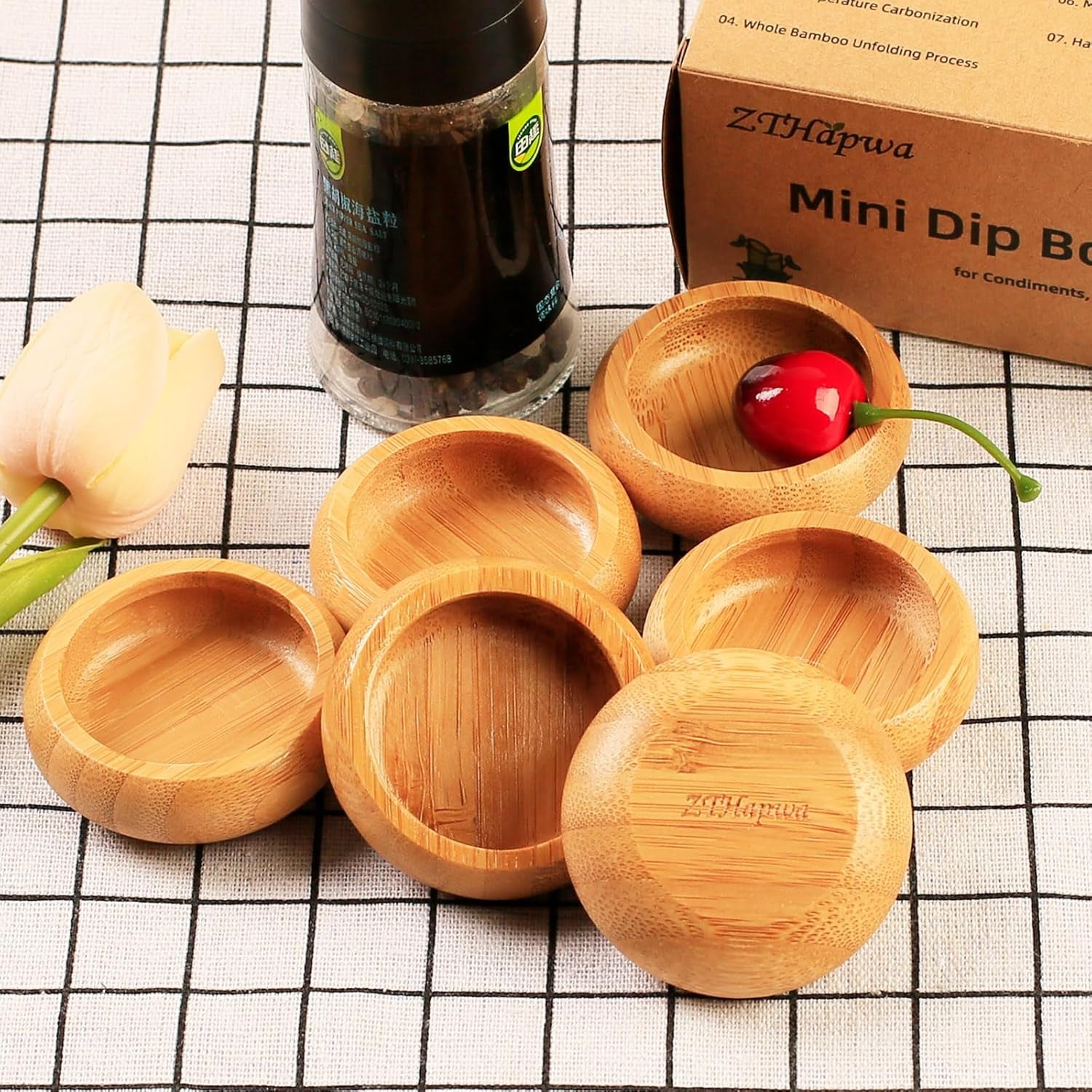 Mini Belly Bowls Set, Bamboo Sauce Dish Dipping Bowls for Appetizers/Dips/Sauce/Nuts, Natural Bamboo Wooden Facial Mask Mixing Bowl for Ladies Women Cosmetic Tool, Round