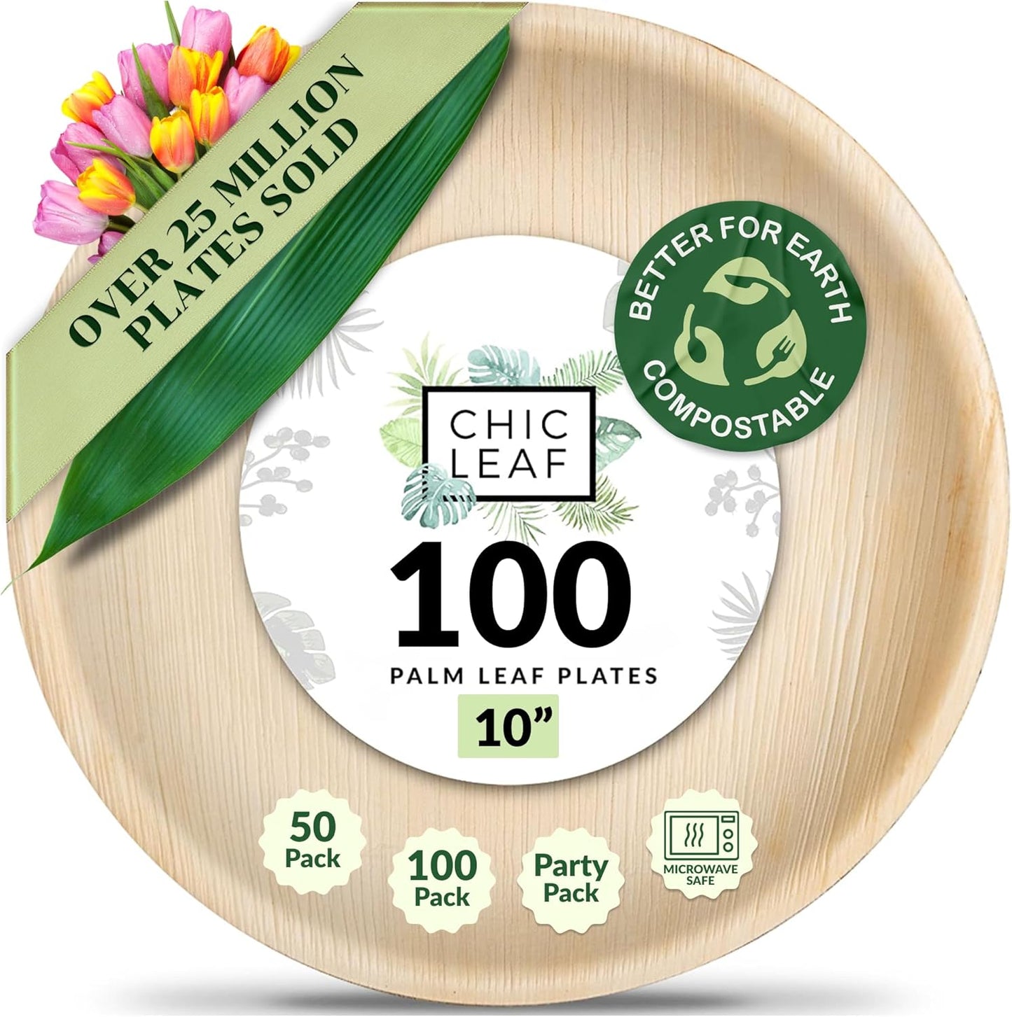 Chic Leaf Palm Leaf Disposable Bamboo Plates for 4Th of July Weddings, Parties & Events – Round, Biodegradable, Compostable, 48-Pack (10" & 6")