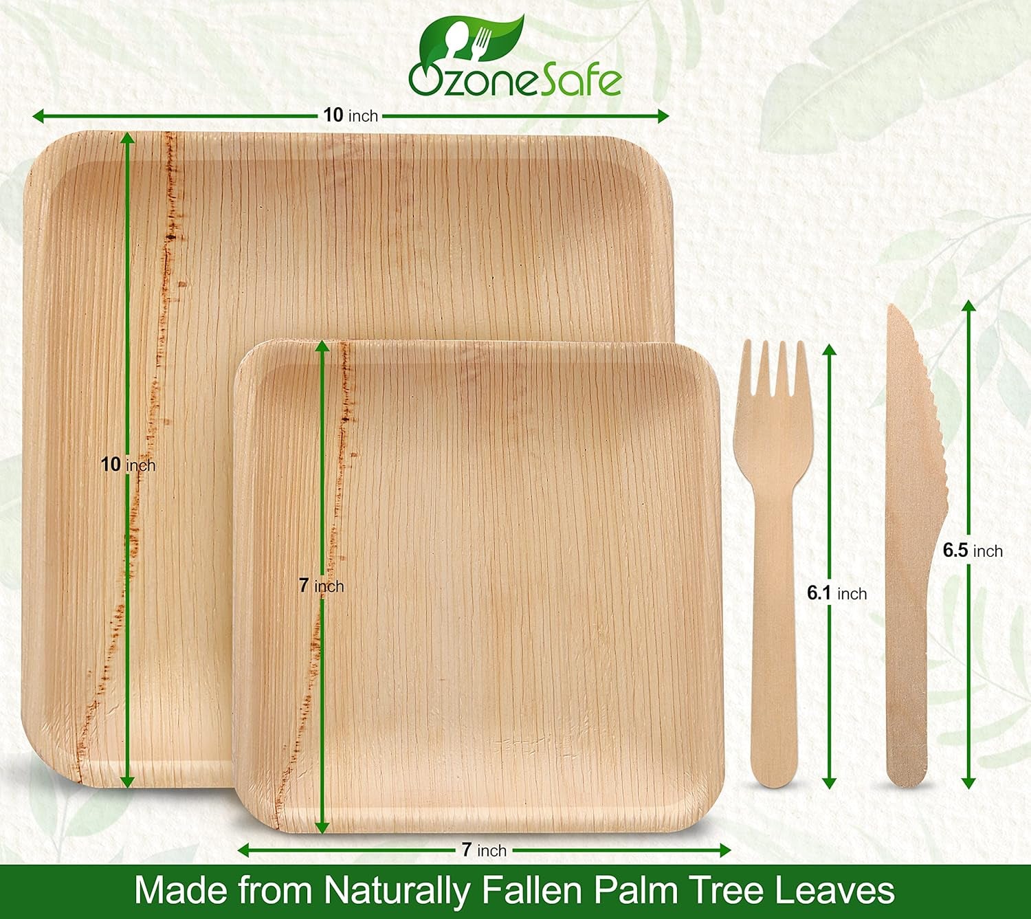 Ozonesafe (150 Pcs) Palm Leaf Plates Set – 25 X 10 and 25 X 7 Inch Square Plates, with 50 Forks and 50 Knives - Heavy Duty & Compostable - Better than Disposable Plates