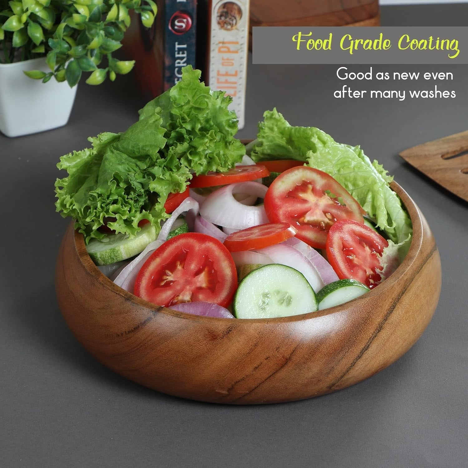 Acacia Wooden Salad Bowls Set of 2, Large Individual Bowls 8 X 2 Inches (25 Oz) with Food Safe Wood Coating | Jointless Plates Type Wood Bowl for Food