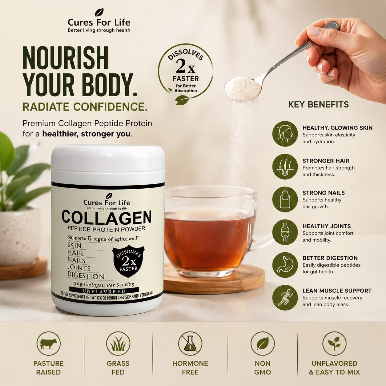 Collagen Peptides Powder Hydrolyzed Unflavored Non-GMO Kosher Keto Supports Skin Hair Nails Joints Digestion 500g