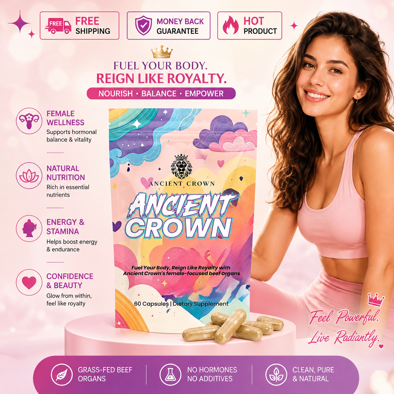 Premium grass-fed beef organ complex for women with liver heart and kidney capsules