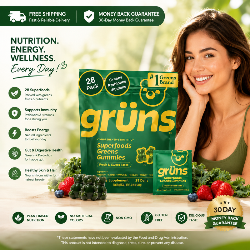 Grüns Superfood Greens Gummies 60+ Ingredients Prebiotic Gut Immune Support (28 count)