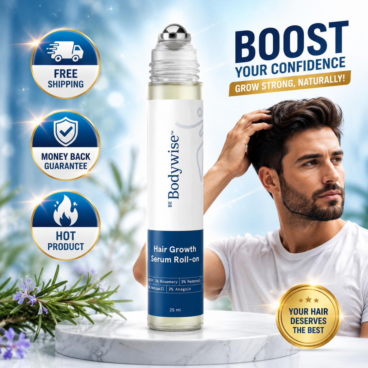 Be Bodywise Advanced Hair Roll-On with Rosemary and Redensyl for scalp care
