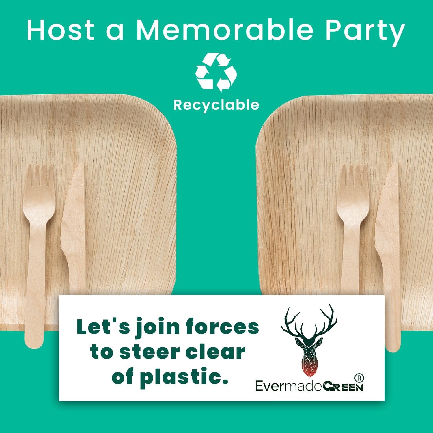 Disposable Bamboo Plates with Cutlery – 150Pc 8 Inch Square Plates Set with 50 Wooden Knives and Forks – Biodegradable Nature-Friendly