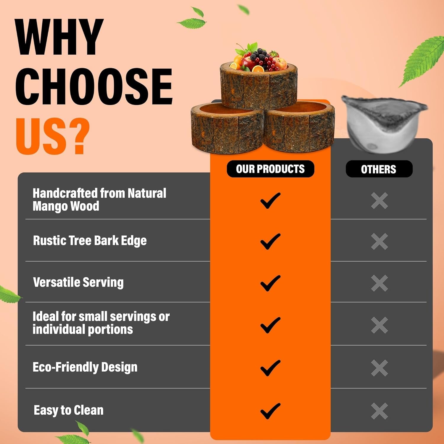 Wooden Salad Bowl Set – round Mango Wood Bowls with Tree Bark for Salad, Fruits & Food, Decorative Kitchen Bowls (Set of 3)