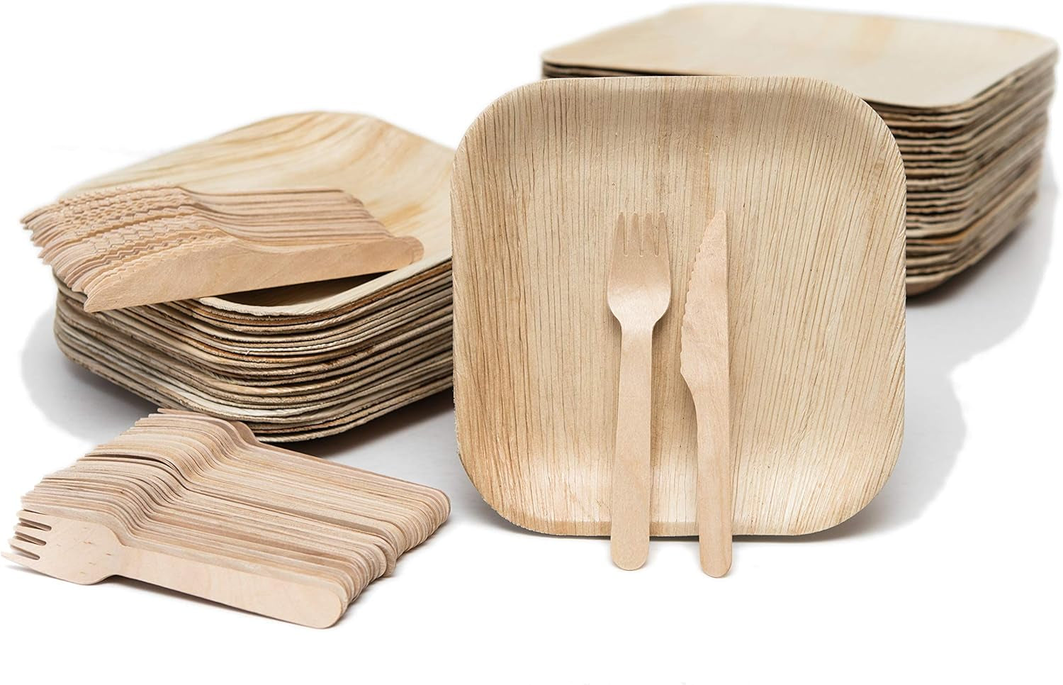 Disposable Bamboo Plates with Cutlery – 150Pc 8 Inch Square Plates Set with 50 Wooden Knives and Forks – Biodegradable Nature-Friendly