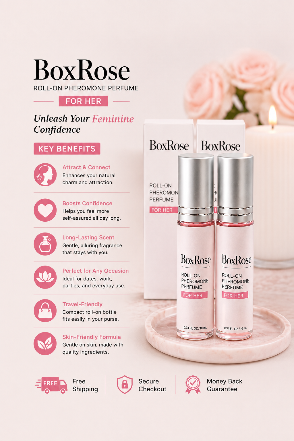 BoxRose women's pheromone roll-on perfume for everyday wear and easy application.