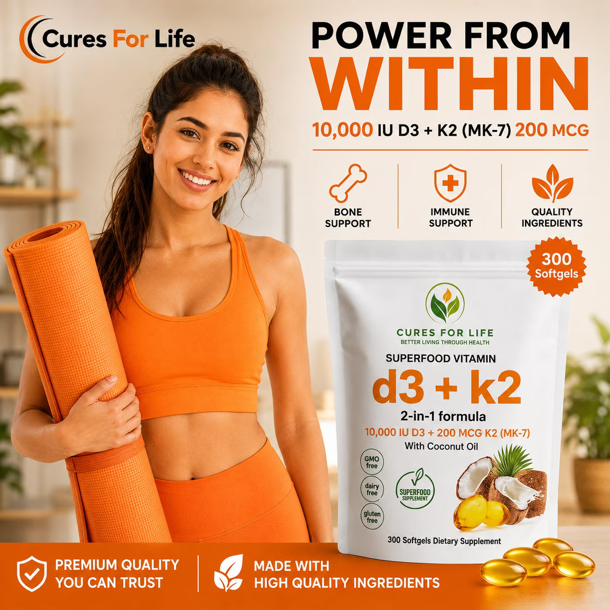 Vitamin D3 10000 IU with K2 MK-7 200 mcg, 300 Softgels