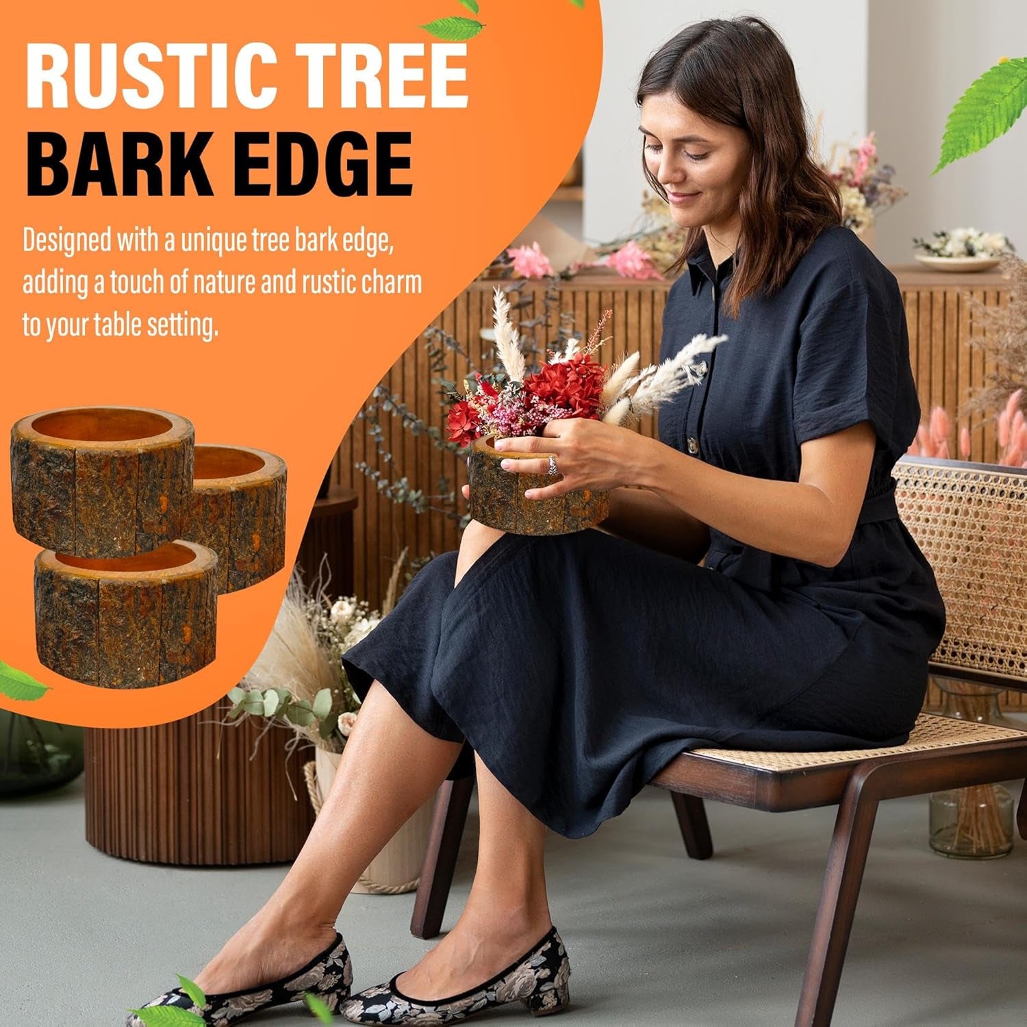 Wooden Salad Bowl Set – round Mango Wood Bowls with Tree Bark for Salad, Fruits & Food, Decorative Kitchen Bowls (Set of 3)