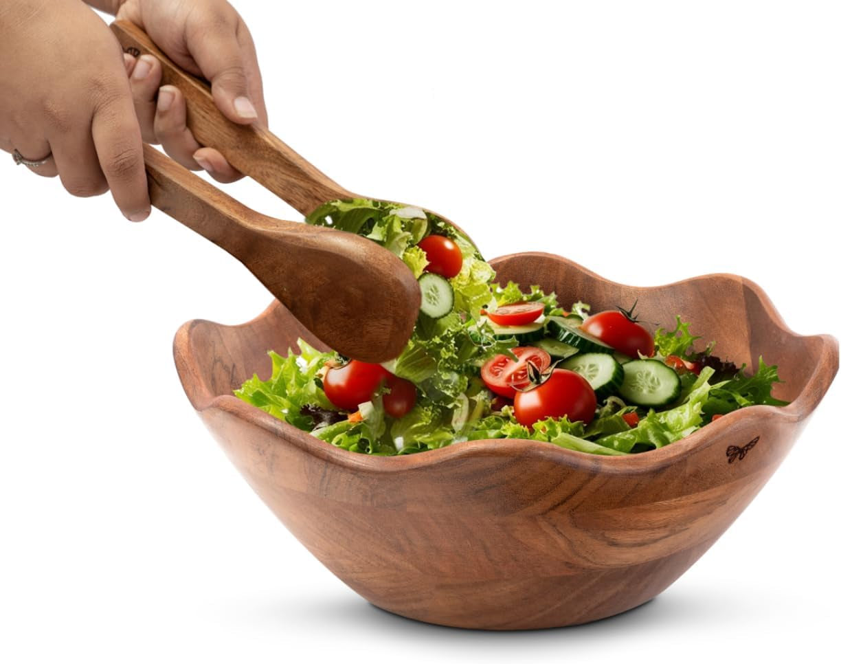 Melvvi Large Wooden Salad Bowl Set – 12" Acacia Wood Serving Bowl with 2 Utensils | Scratch-Resistant - for Salad, Pasta & Fruits | Great Fathers Day Gift for Kitchen & Dining (Natural Wooden)