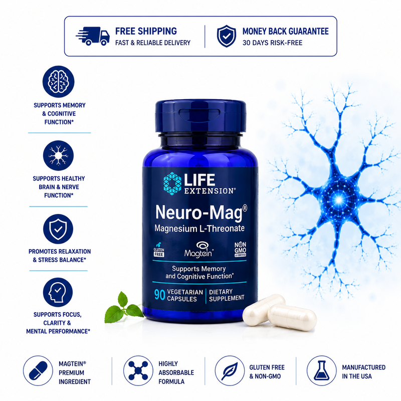 A bottle of Life Extension Neuro-Mag Magnesium L-Threonate dietary supplement 