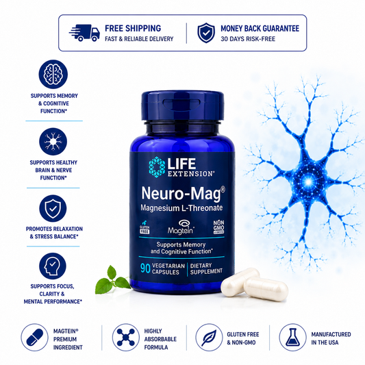 A bottle of Life Extension Neuro-Mag Magnesium L-Threonate dietary supplement 