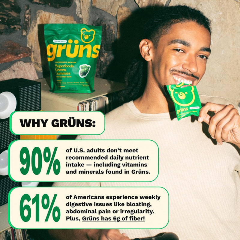 Grüns Superfood Greens Gummies 60+ Ingredients Prebiotic Gut Immune Support (28 count)