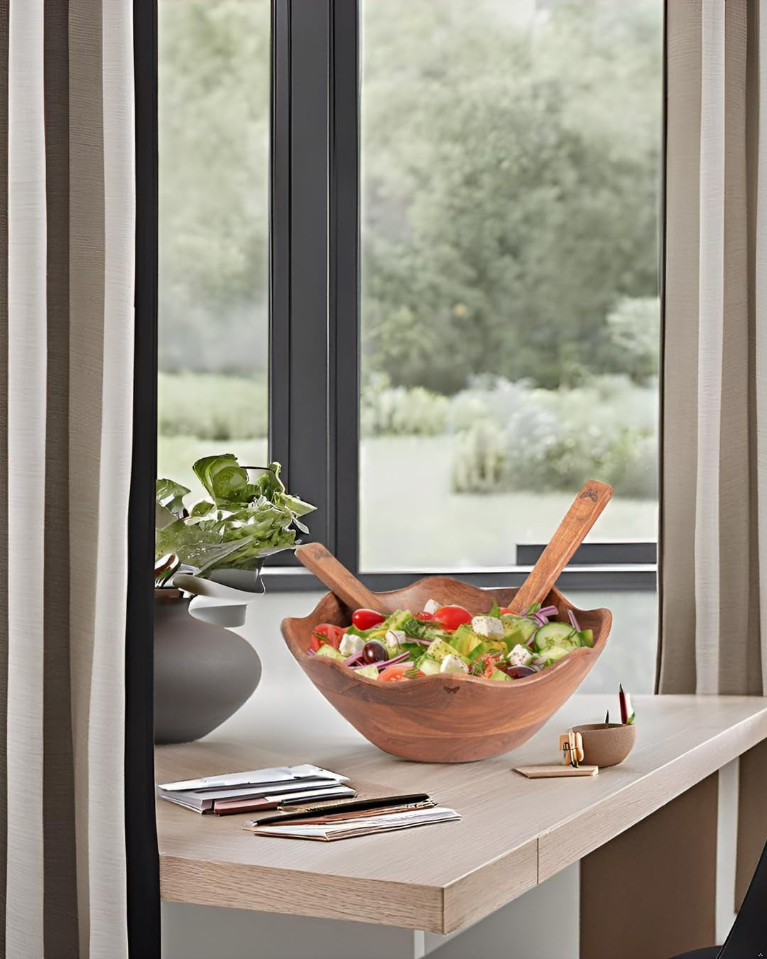 Melvvi Large Wooden Salad Bowl Set – 12" Acacia Wood Serving Bowl with 2 Utensils | Scratch-Resistant - for Salad, Pasta & Fruits | Great Fathers Day Gift for Kitchen & Dining (Natural Wooden)