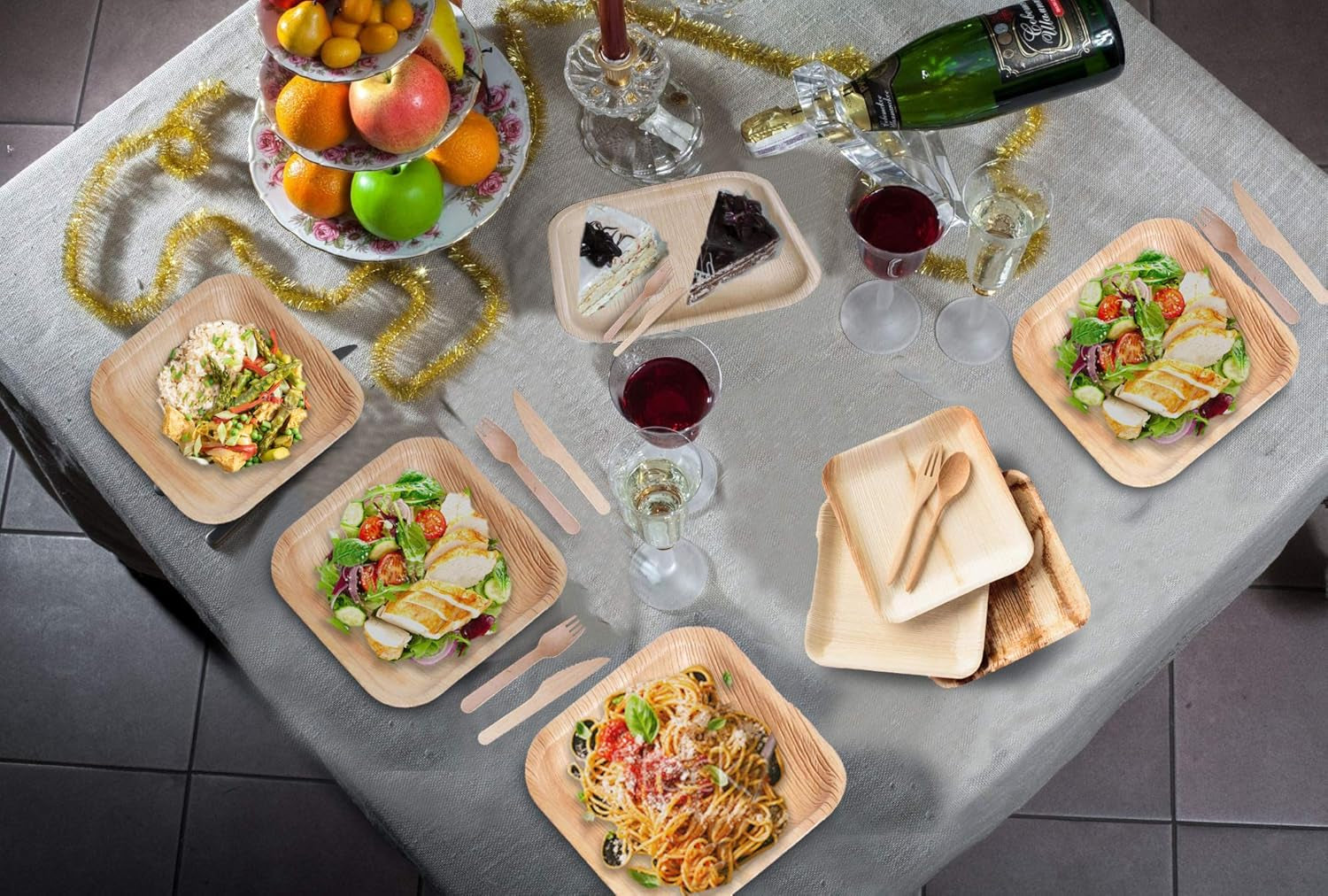 HABBIBI Bamboo Plates Disposable with Cutlery (25 Forks & 25 Knives) - 8" Eco Friendly Palm Leaf Plates, 100% Biodegradable & Compostable Party Plates (8 Inch) Better than Plastic and Paper Plate