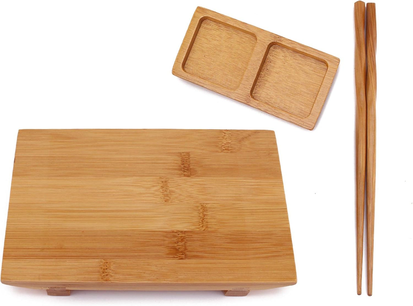 Bamboomn Bamboo Sushi Plate/Tray, Chopsticks and Compartment Sauce Dish, 8.3" Rectangle - 4 Sets