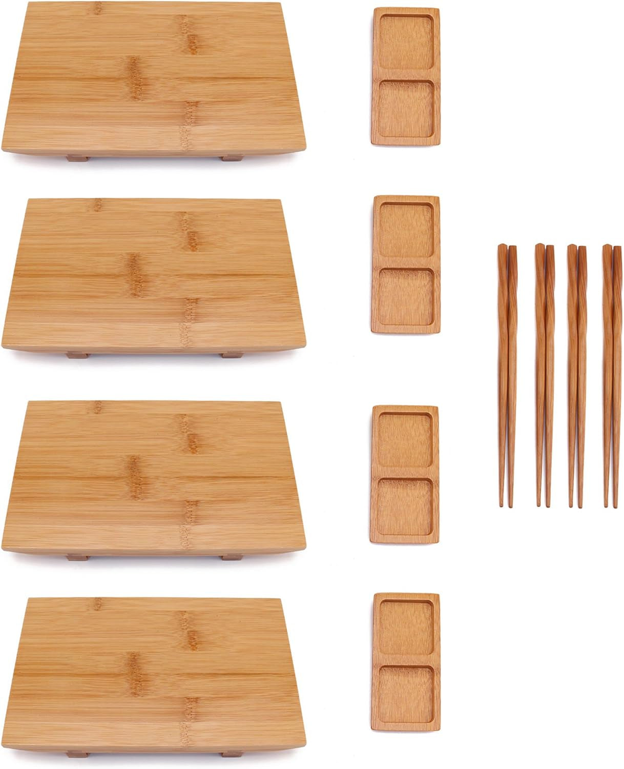 Bamboomn Bamboo Sushi Plate/Tray, Chopsticks and Compartment Sauce Dish, 8.3" Rectangle - 4 Sets