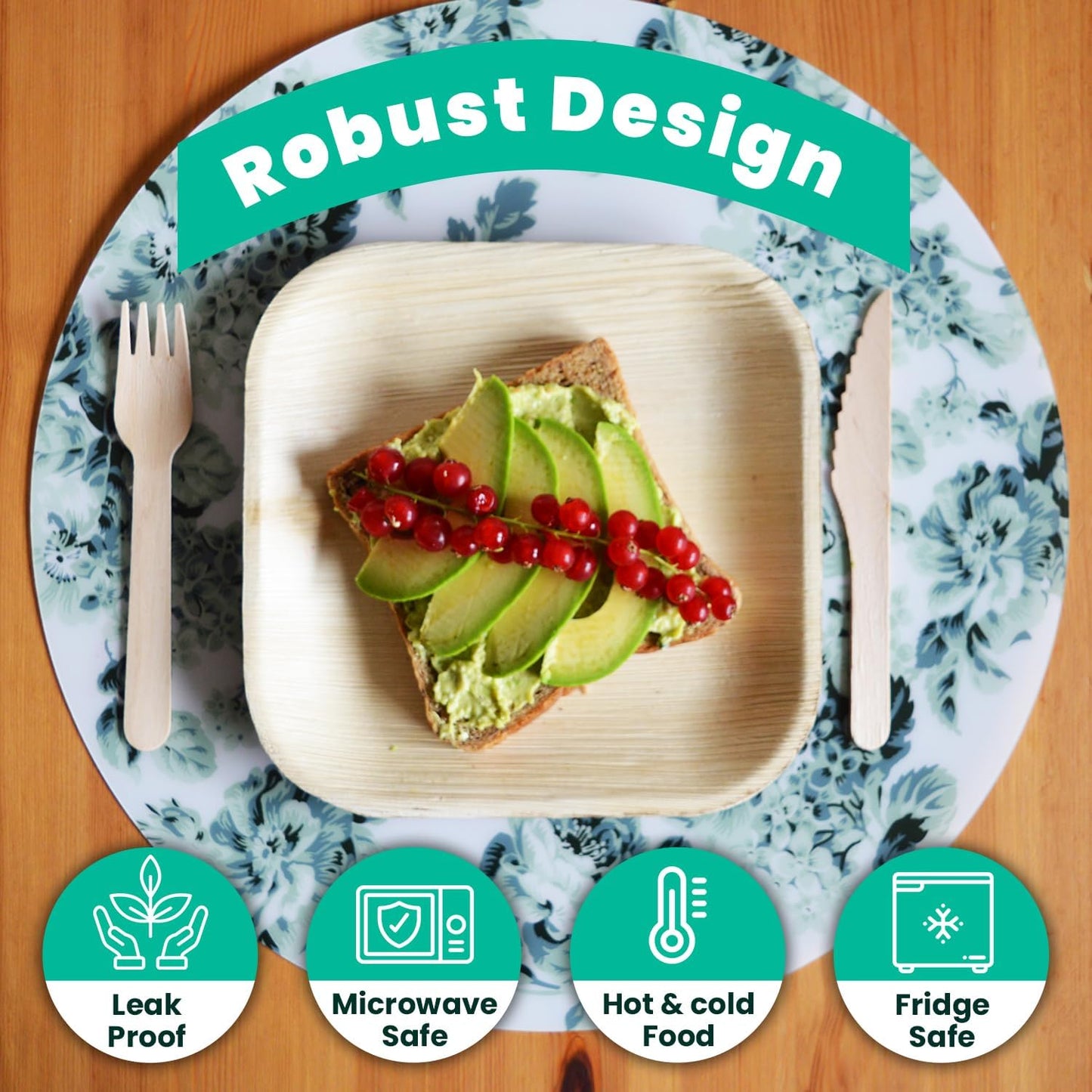 Disposable Bamboo Plates with Cutlery – 150Pc 8 Inch Square Plates Set with 50 Wooden Knives and Forks – Biodegradable Nature-Friendly