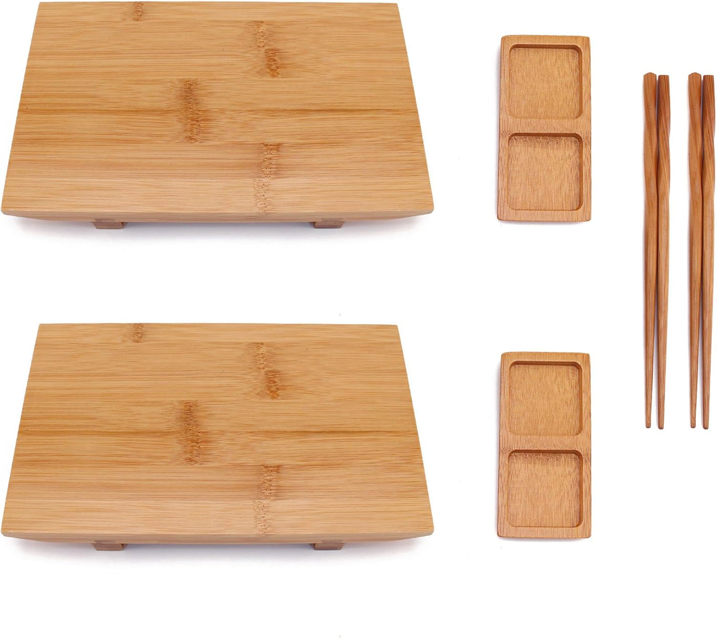 Bamboomn Bamboo Sushi Plate/Tray, Chopsticks and Compartment Sauce Dish, 8.3" Rectangle - 4 Sets