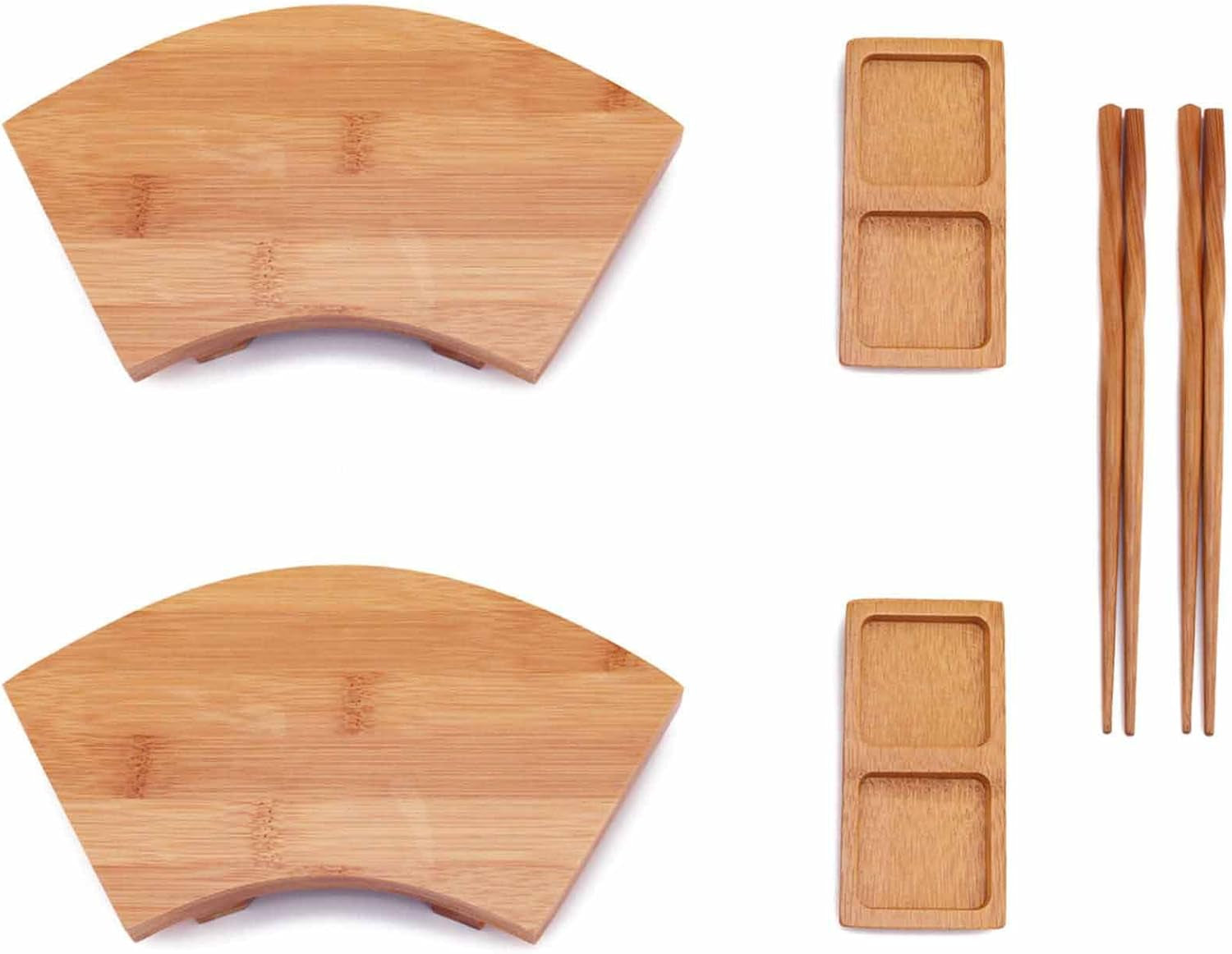 Bamboomn Bamboo Sushi Plate/Tray, Chopsticks and Compartment Sauce Dish, 8.3" Rectangle - 4 Sets