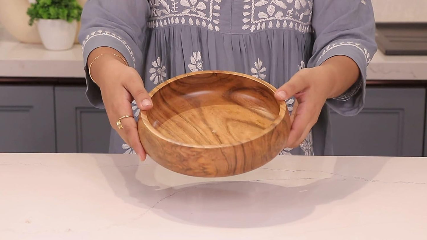 Acacia Wooden Salad Bowls Set of 2, Large Individual Bowls 8 X 2 Inches (25 Oz) with Food Safe Wood Coating | Jointless Plates Type Wood Bowl for Food