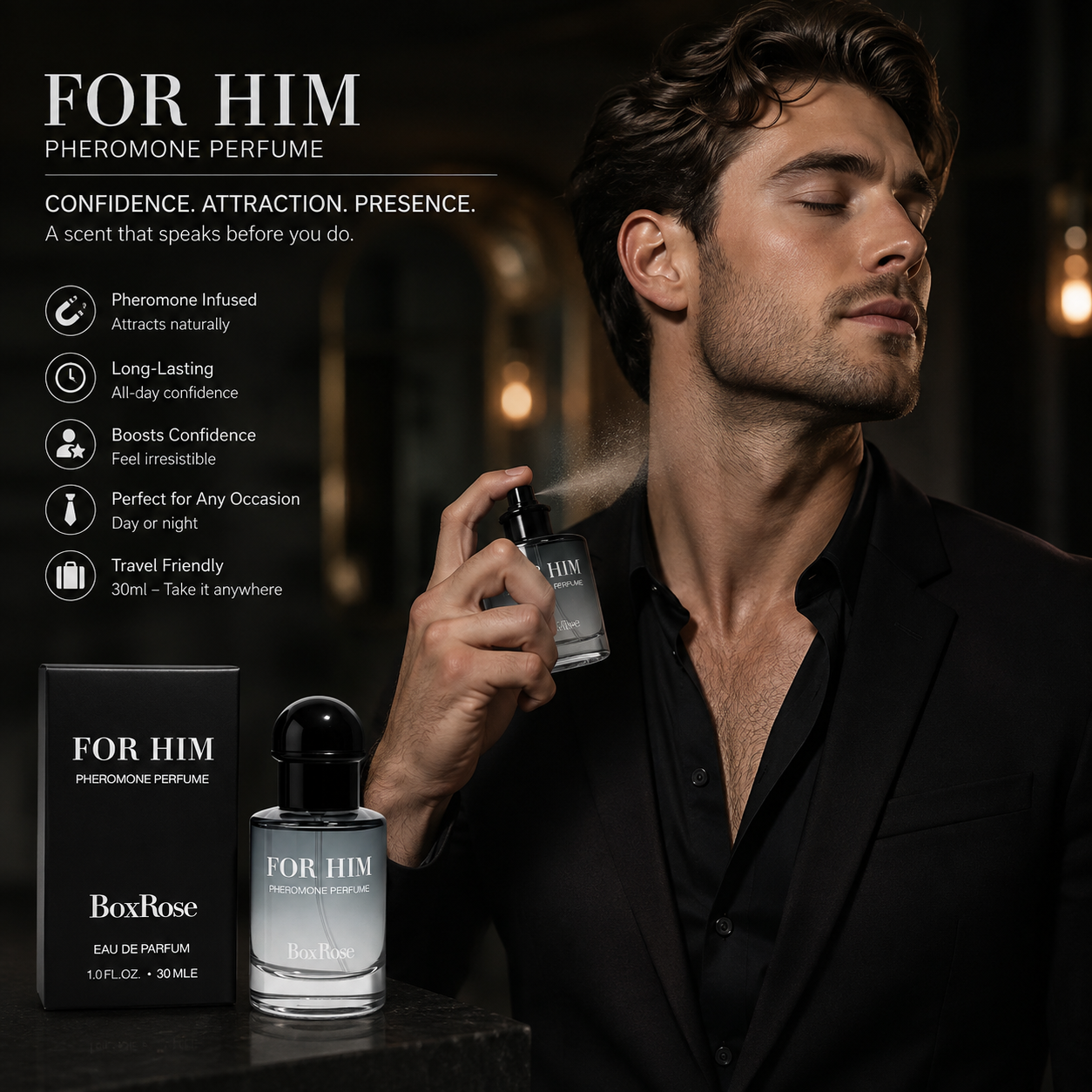 Men's BoxRose For Him pheromone cologne in compact 30ml travel-friendly bottle
