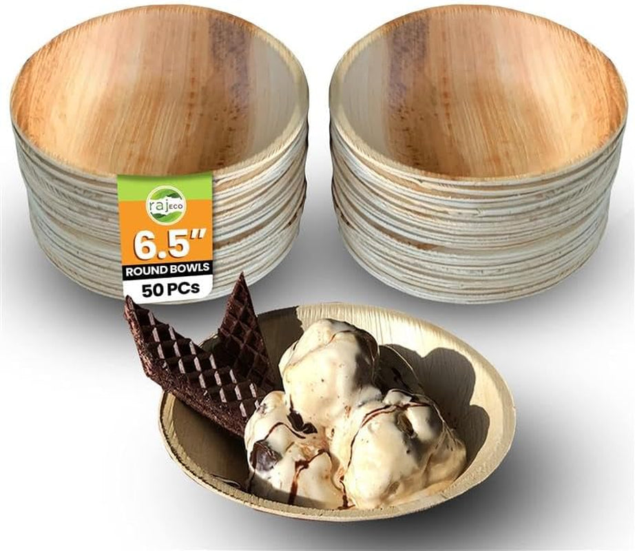 Raj Disposable Palm Leaf Bowls (50 Count, 6" Bowls) Strong Bowl like Bamboo Party Bowl - Decorative Compostable Tableware for Lunch, Dinner, Birthday, Outdoor, BBQ, Picnic, Parties