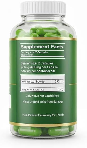 Ecovib Organic Moringa Capsules 600mg – Energy & Immune Support – 60 Vegetarian Capsules