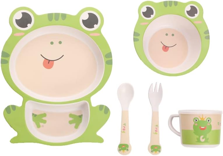 Kids Dinnerware Set Bamboo 5 Pcs with Plate Bowl Cup Fork Spoon (Frog)