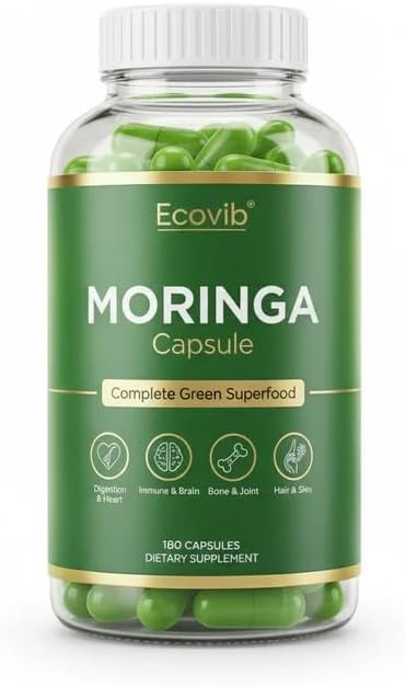 Ecovib Organic Moringa Capsules 600mg – Energy & Immune Support – 60 Vegetarian Capsules