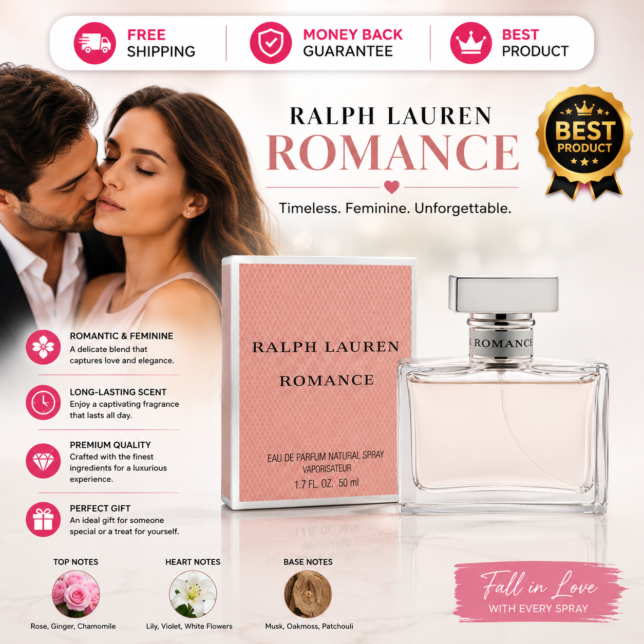 Ralph Lauren Romance for Women 1.7 oz Eau de Parfum Spray with original pink fragrance box