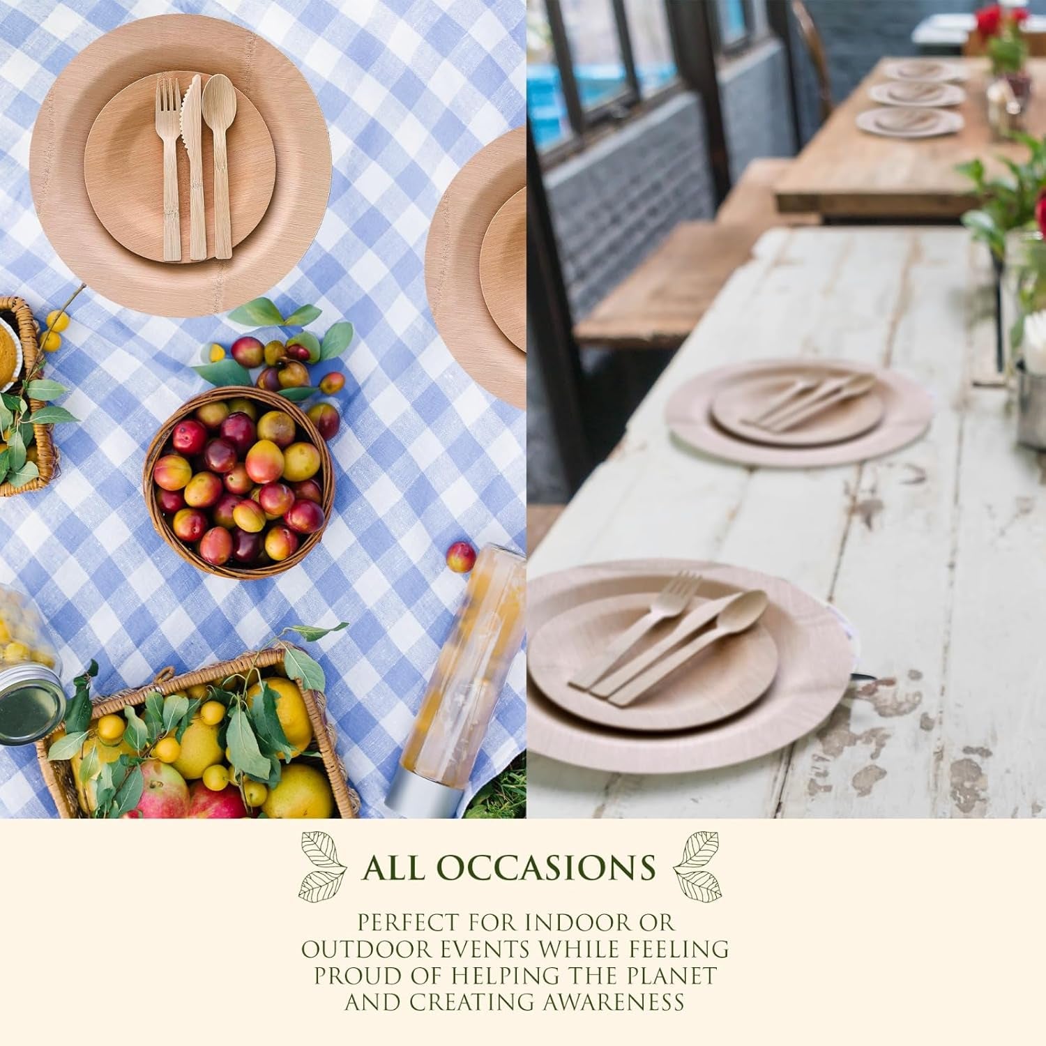 Eco-Friendly round Bamboo Reusable Plates Set - 125 Pieces Compostable Dinnerware, 11-Inch and 7-Inch Sizes for Summer Dishes