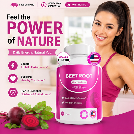 A promotional product graphic for Beetroot dietary supplement capsules. 