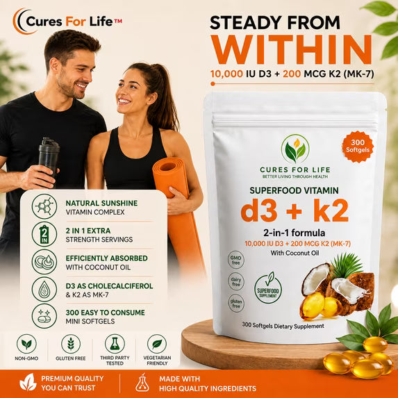 Cures For Life Vitamin D3 K2 softgels supporting bone strength, calcium metabolism and heart wellness.