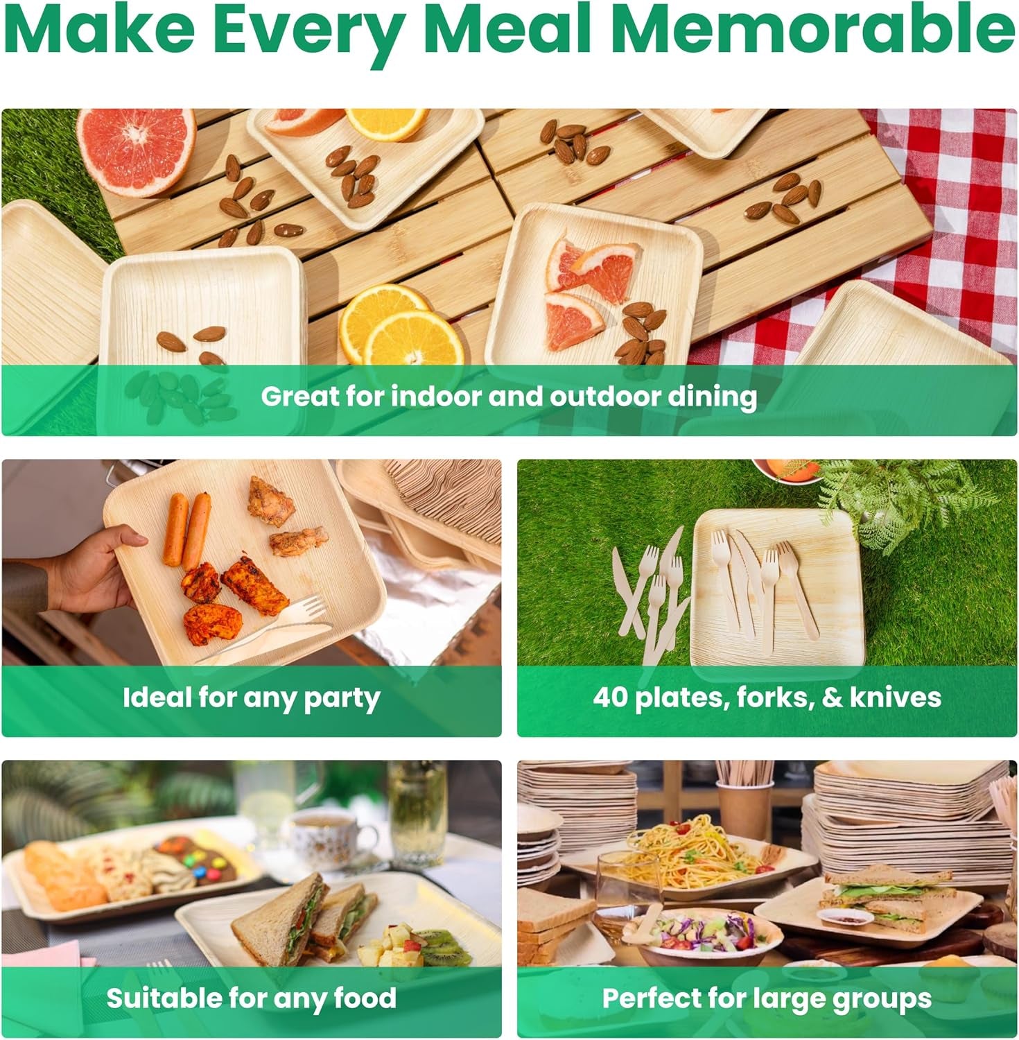 40 Disposable Plates (10 Inch) + 80 FREE Compostable Cutlery (40 Forks, 40 Knives) | Heavy Duty Party Plates | Biodegradable, Eco-Friendly, Alternative to Bamboo, Wood, Paper, Plastic