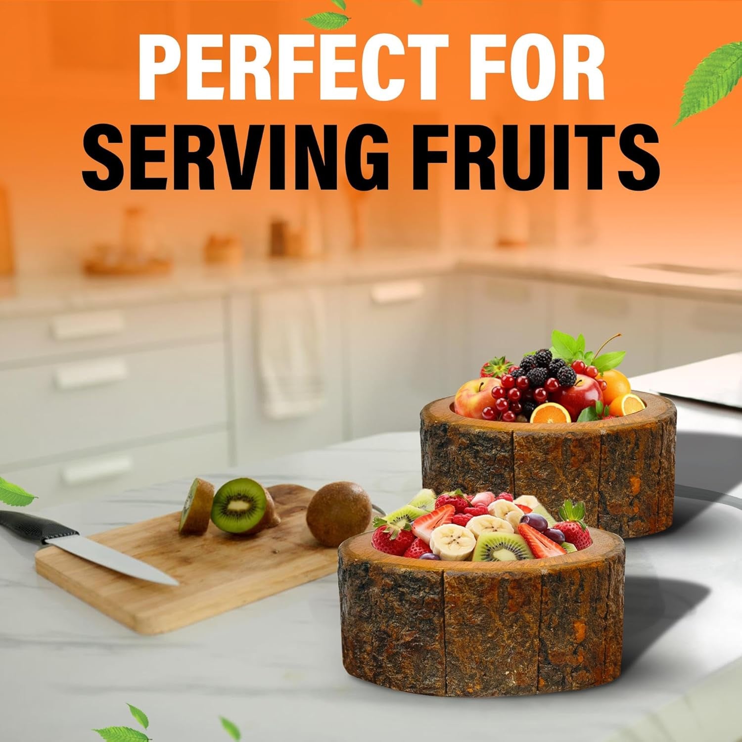 Wooden Salad Bowl Set – round Mango Wood Bowls with Tree Bark for Salad, Fruits & Food, Decorative Kitchen Bowls (Set of 3)