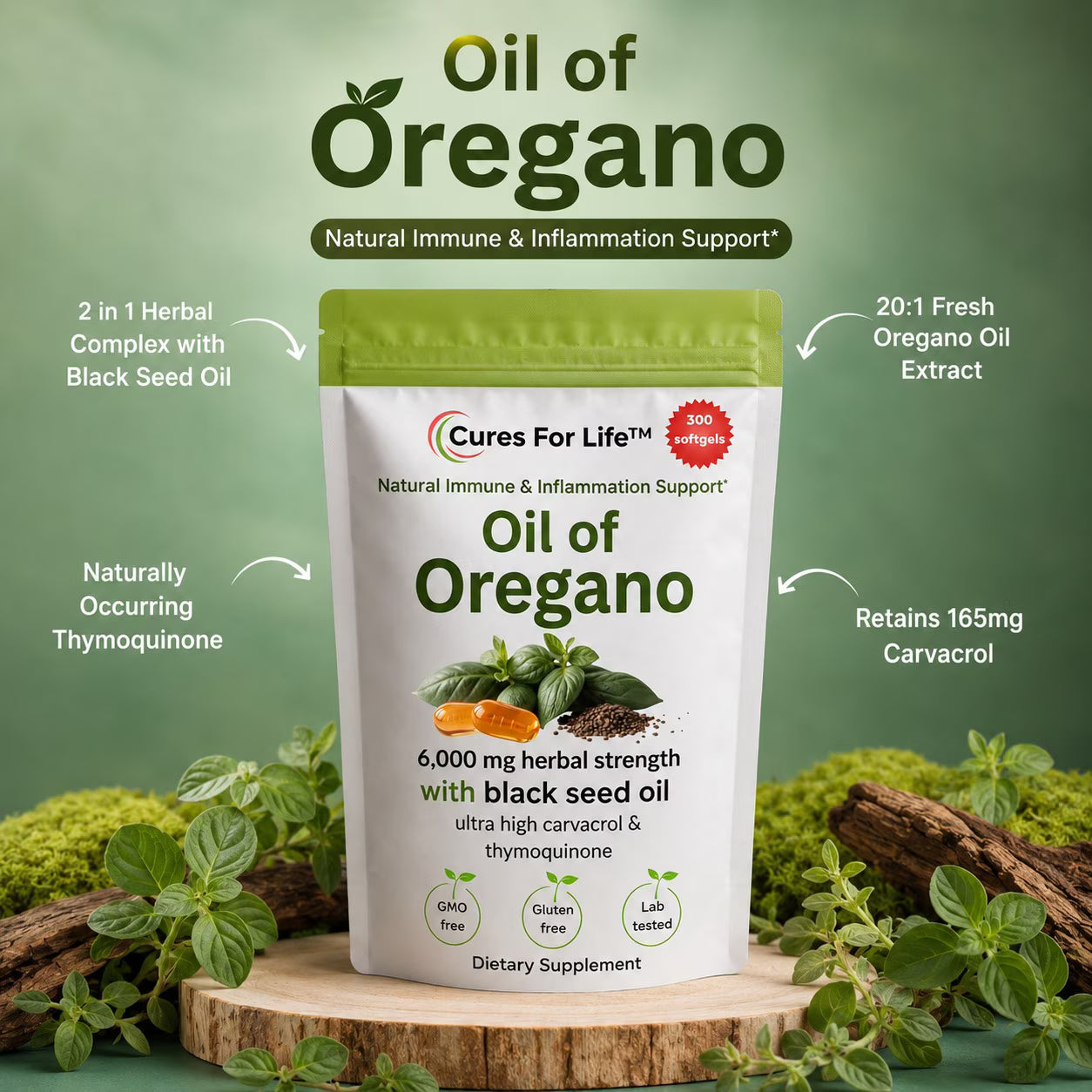 Oil of Oregano with Black Seed Oil, 165mg Carvacrol – 300 Softgels