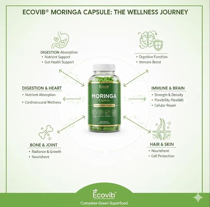 Ecovib Organic Moringa Capsules 600mg – Energy & Immune Support – 60 Vegetarian Capsules
