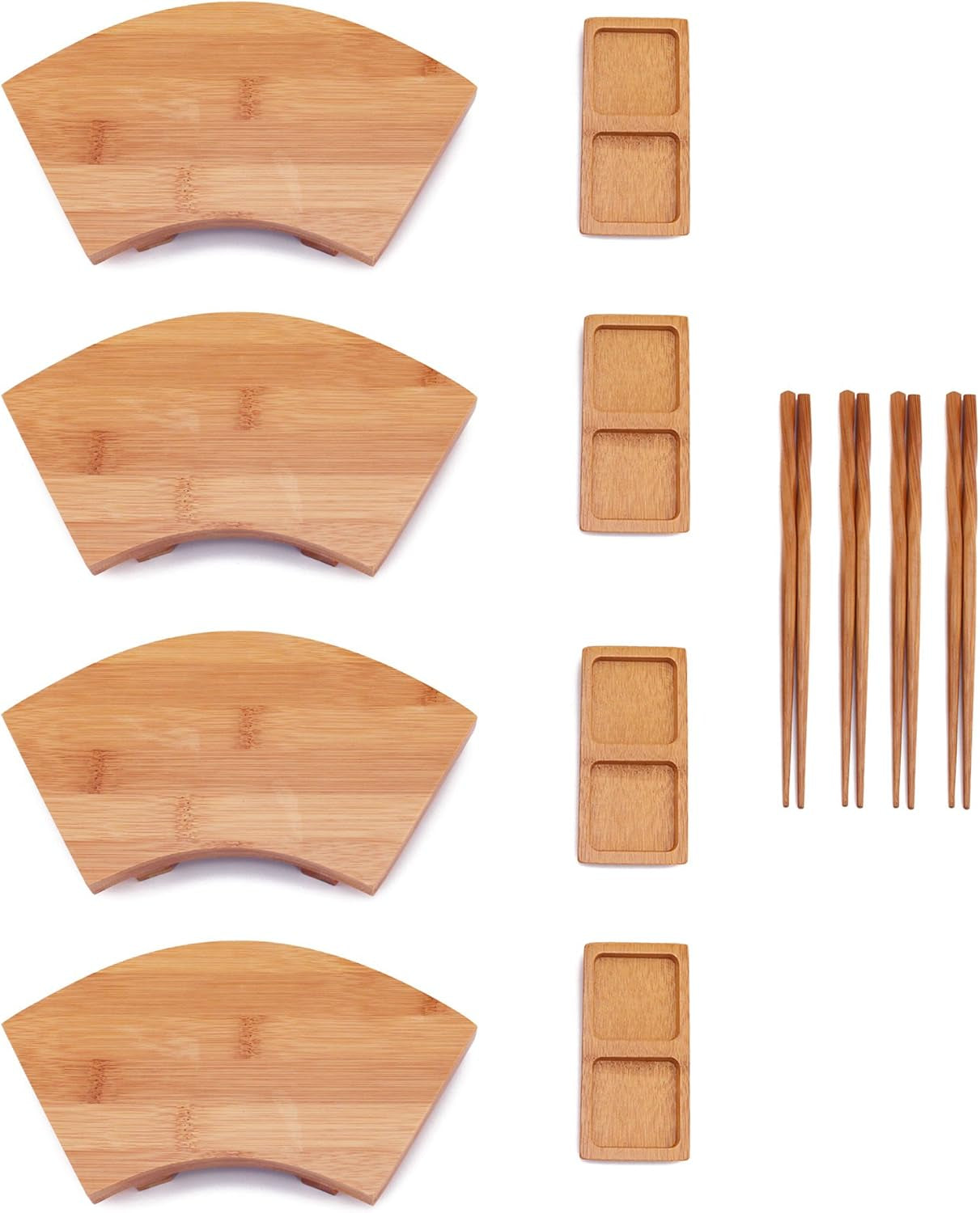 Bamboomn Bamboo Sushi Plate/Tray, Chopsticks and Compartment Sauce Dish, 8.3" Rectangle - 4 Sets