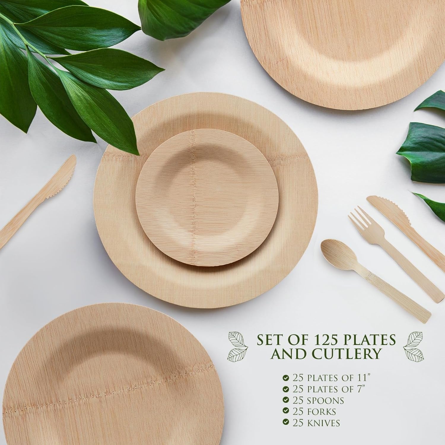 Eco-Friendly round Bamboo Reusable Plates Set - 125 Pieces Compostable Dinnerware, 11-Inch and 7-Inch Sizes for Summer Dishes