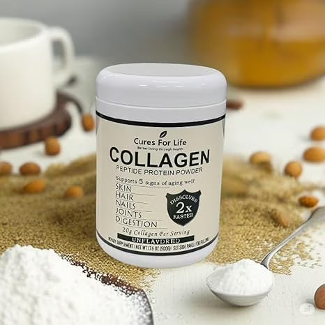Cures For Life collagen powder with 50 servings for skin, hair, nail and joint wellness.