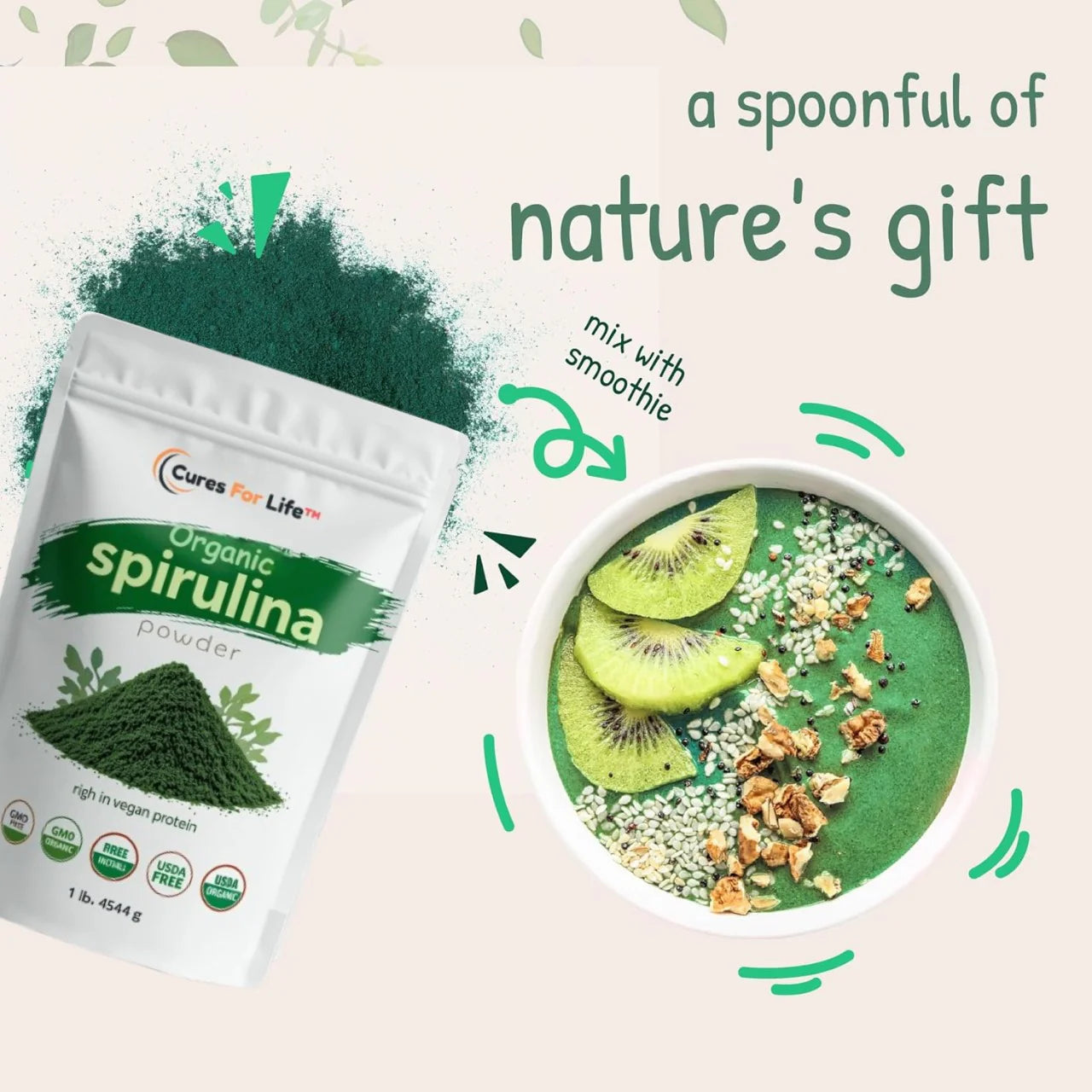Cures for Life™ Organic Spirulina Powder – 1 Lb (16 Oz) Superfood | Immune Support, Detox & Energy Booster | Non-Gmo, Vegan, USDA Organic