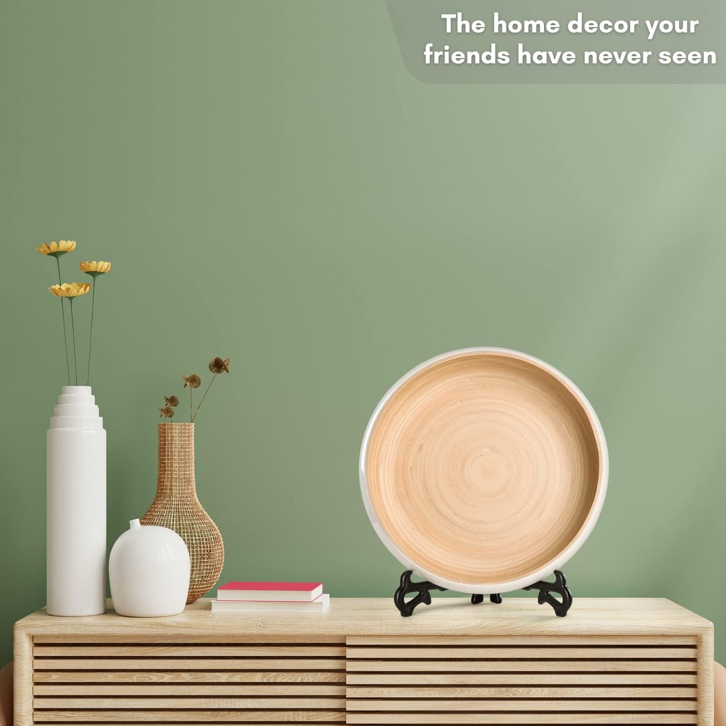 LEXA 12" Handmade White Bamboo Wooden Fruit Bowl for Kitchen Counter - 130 Oz Lightweight Large Bamboo Wood Salad Bowl