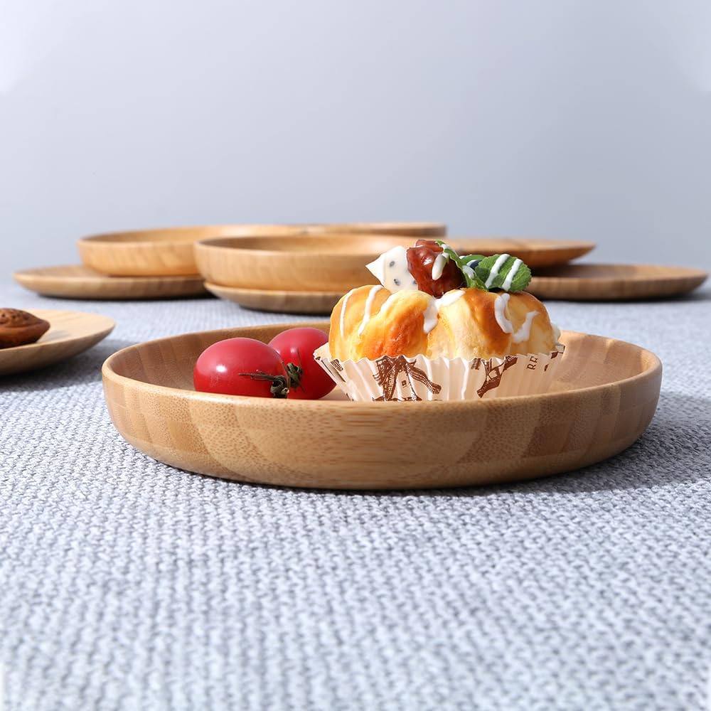 7.5In round Bamboo Wooden Plates - 2PCS Reusable Dinner Plates for Food, Snack, Dessert