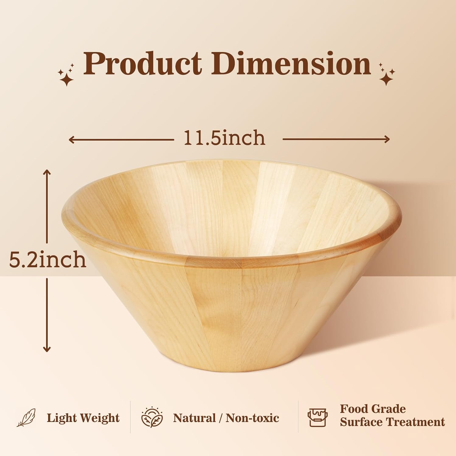 Large Wooden Salad Bowl - 11.5"X 5.2", Wooden Fruit Bowl for Kitchen Counter, Wood Salad Bowl or Serving Bowl for Salad & Fruits